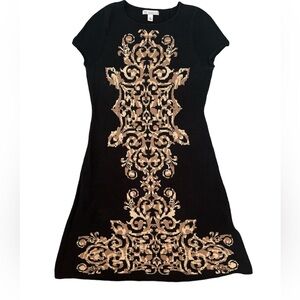 Dressbarn Filigree Cap Sleeve Stretch Fitted Sweater Dress sz S GUC Black Gold